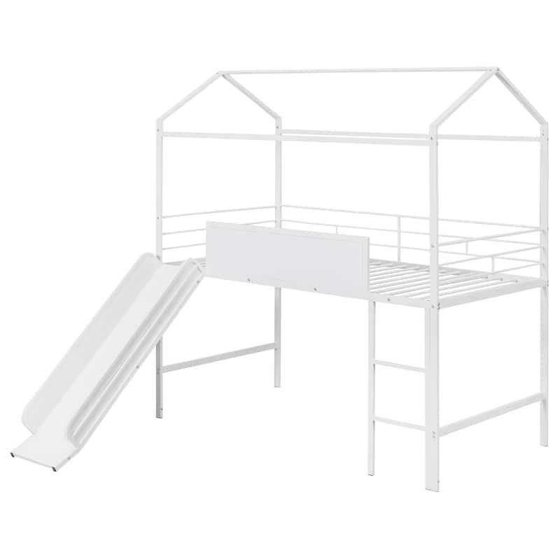 Metal House Bed With Slide, Twin Size Metal Loft Bed with Writable