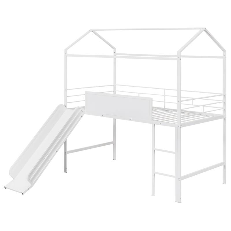 Twin Size Metal Loft Bed with Slide & Two-Sided Writable Wooden Boards - Metal House Bed Design