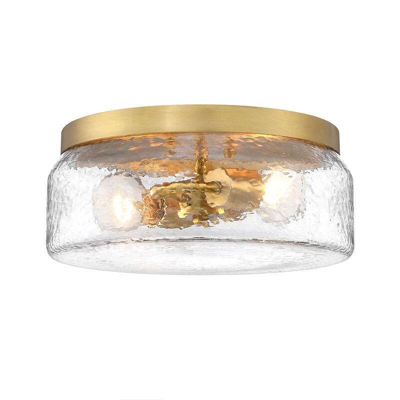 Rose Marie 13 in. 2-Light Brushed Gold Mid-Century Modern Semi Flush Mount with Clear Rippled Glass Shade for Bedrooms