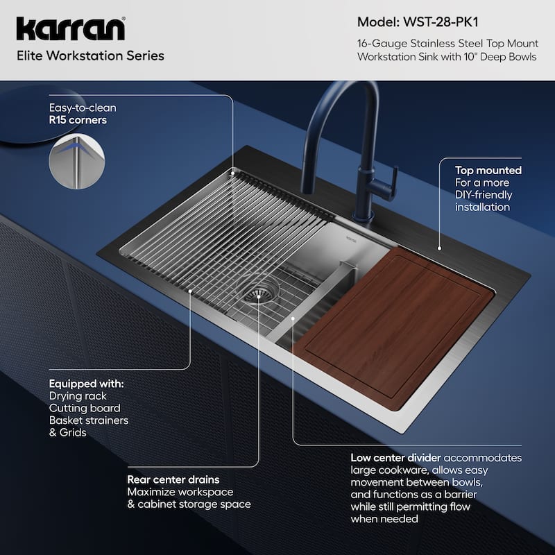 Karran Elite WST-28-PK1 Top Mount 33" Double Bowl Stainless Steel Workstation Kitchen Sink
