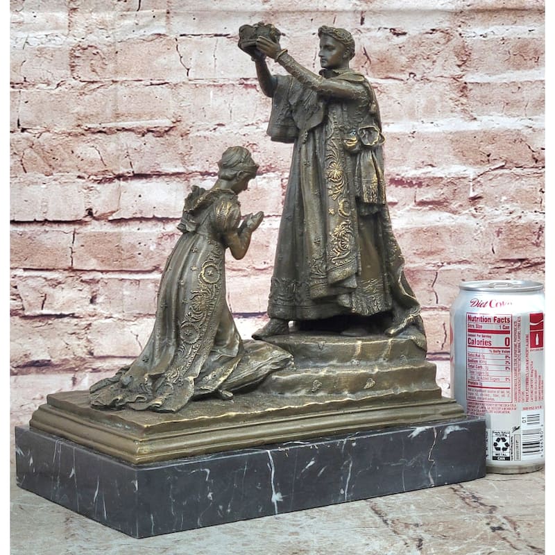 Bronze Coronation Sculpture – Medieval King Crowning Queen Statue On Marble Base