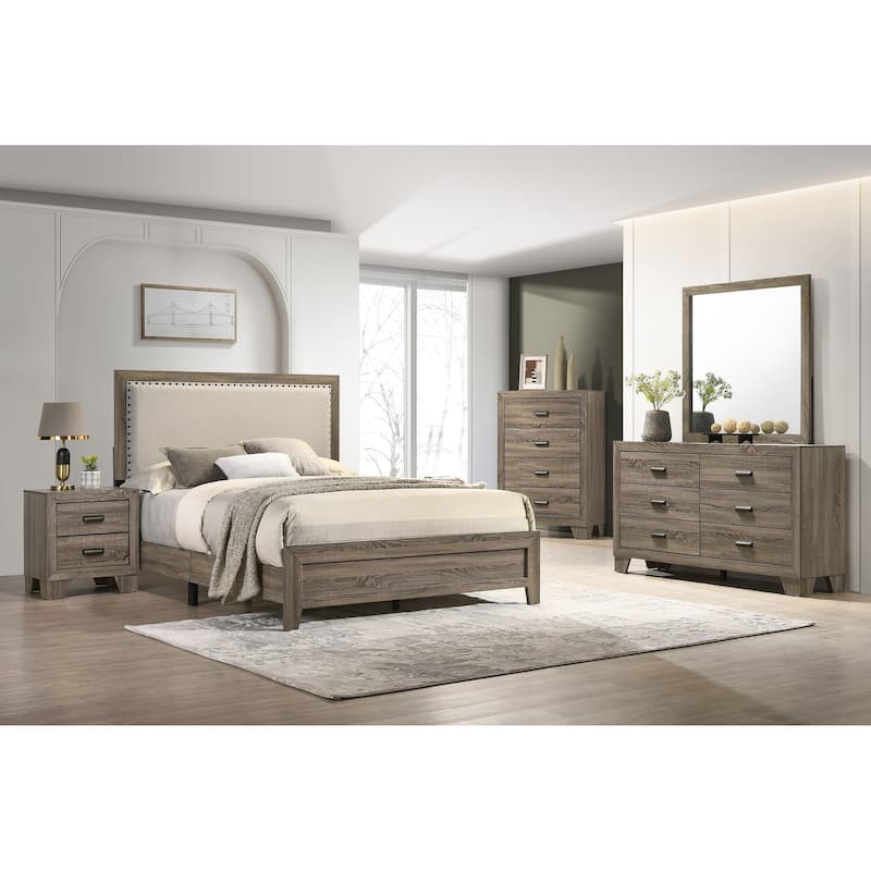 Linette 6 Piece Grey Contemporary Solid Wood And Veneers Fabric Panel Upholstered Bedroom Set - Twin