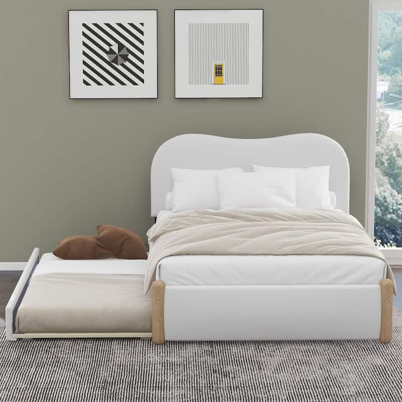 Upholstered Platform Bed with Twin Trundle, Berber Fleece Bed Frame with Thick Headboard, Wood Supporting Feet - White - Full