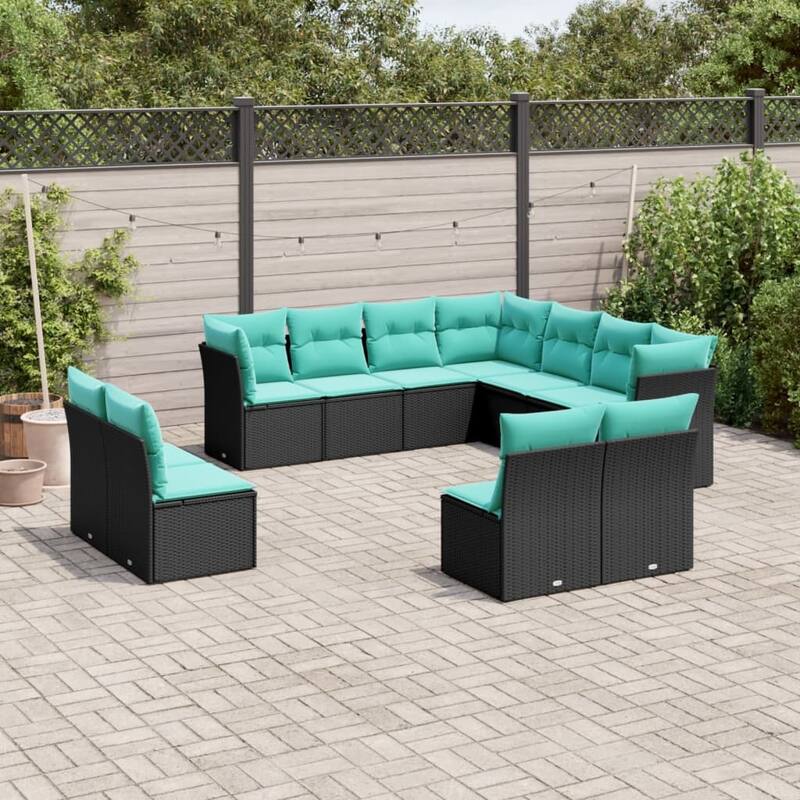 vidaXL 11 Piece Patio Sofa Set with Cushions Black Poly Rattan - 43.3x27.2x24.4-Without table