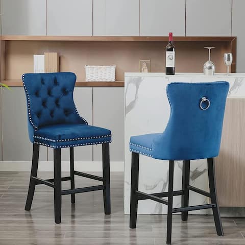 Button Tufted Velvet Upholstered Bar Stool with Backs Set of 2,Modern Barstools with Pull Ring, Kitchen Stool with Wood Frame