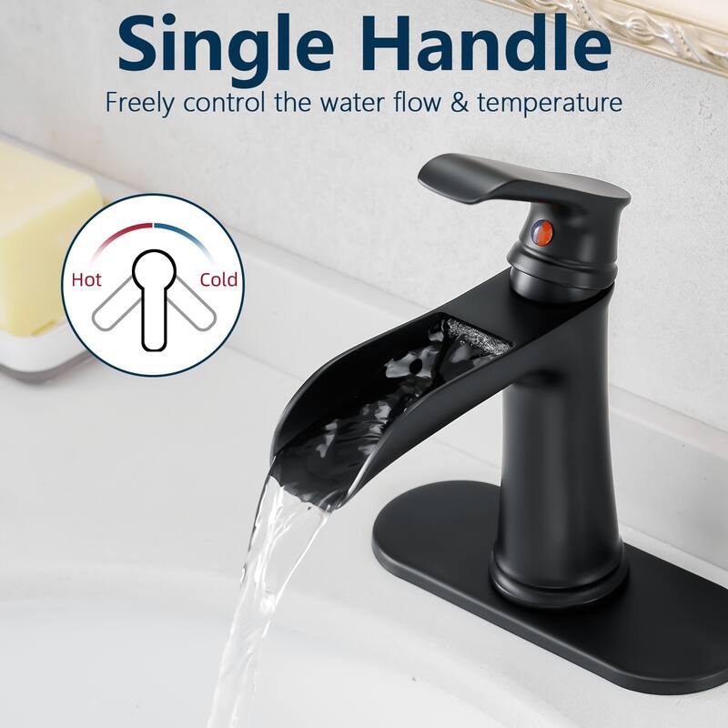 Modern Single Handle Single Hole Bathroom Sink Faucet with Pop Up Drain and Supply Line, Waterfall Spout Design