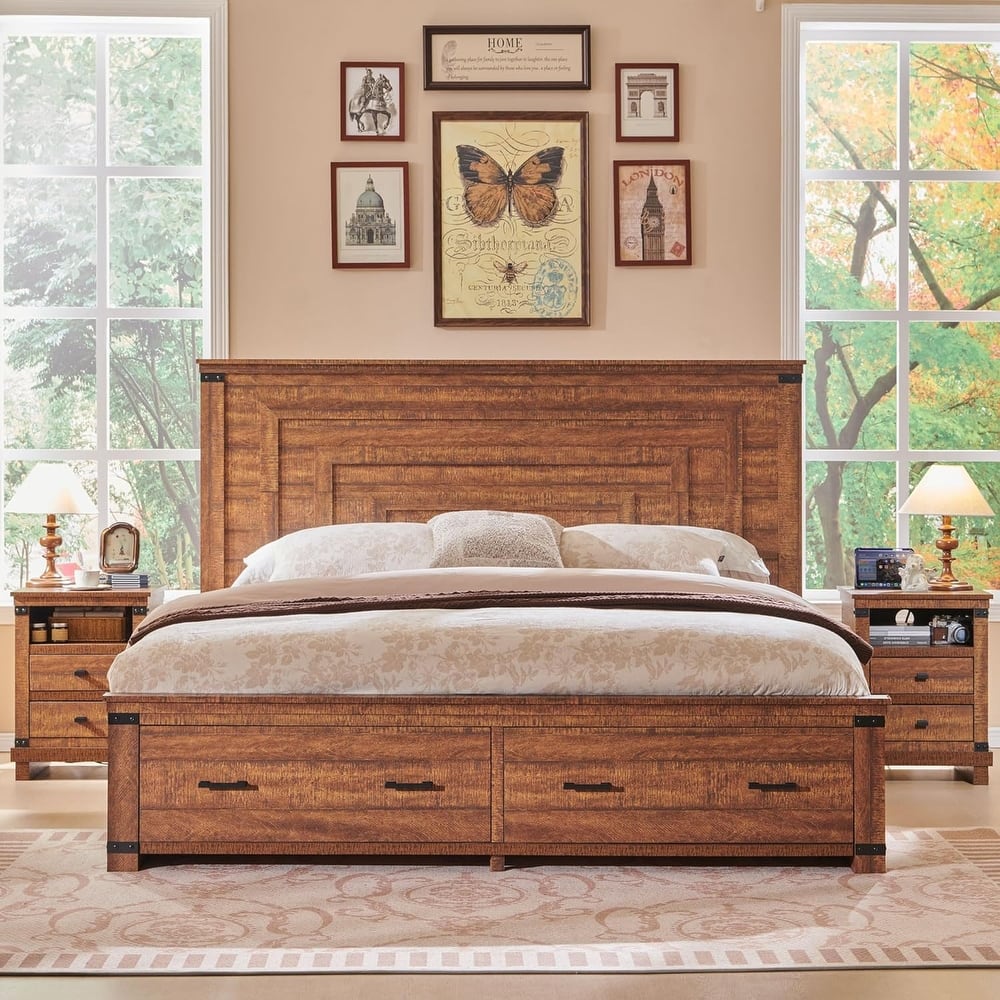 Farmhouse Wood Bed Frame with 54" Tall Headboard, 2 Large Drawers