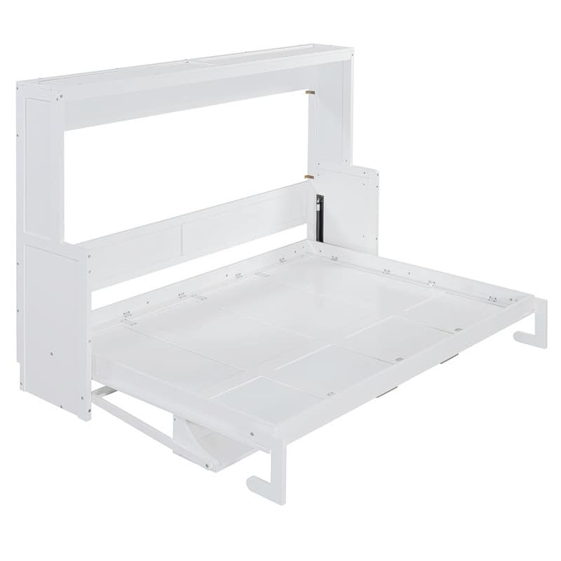 Full/Queen Size Wooden Murphy Bed with Desk, Foldable Murphy Bed Cabinet w/ Hydraulic Lift Design, Space Saving Murphy Chest Bed