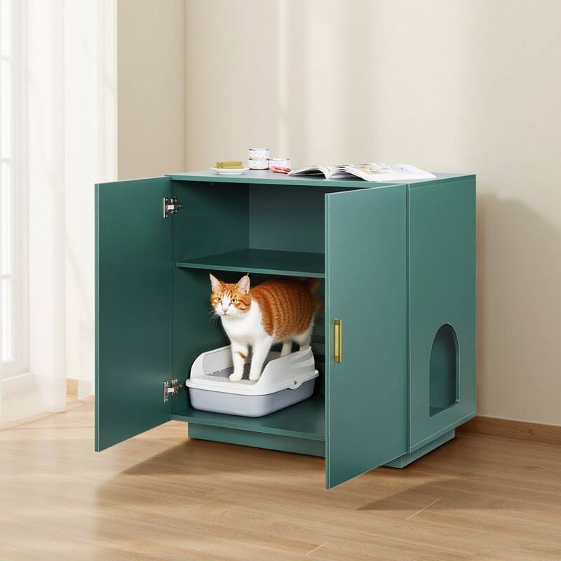 Dark Green P2 Particle Board Cat Litter Box Enclosure with Gold Handles - 31.50 × 19.69 × 31.10 inch
