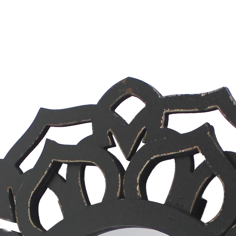 Wooden Mirror Blooming Lotus Wall Decor Set of 2 with Floral Engraving, Black