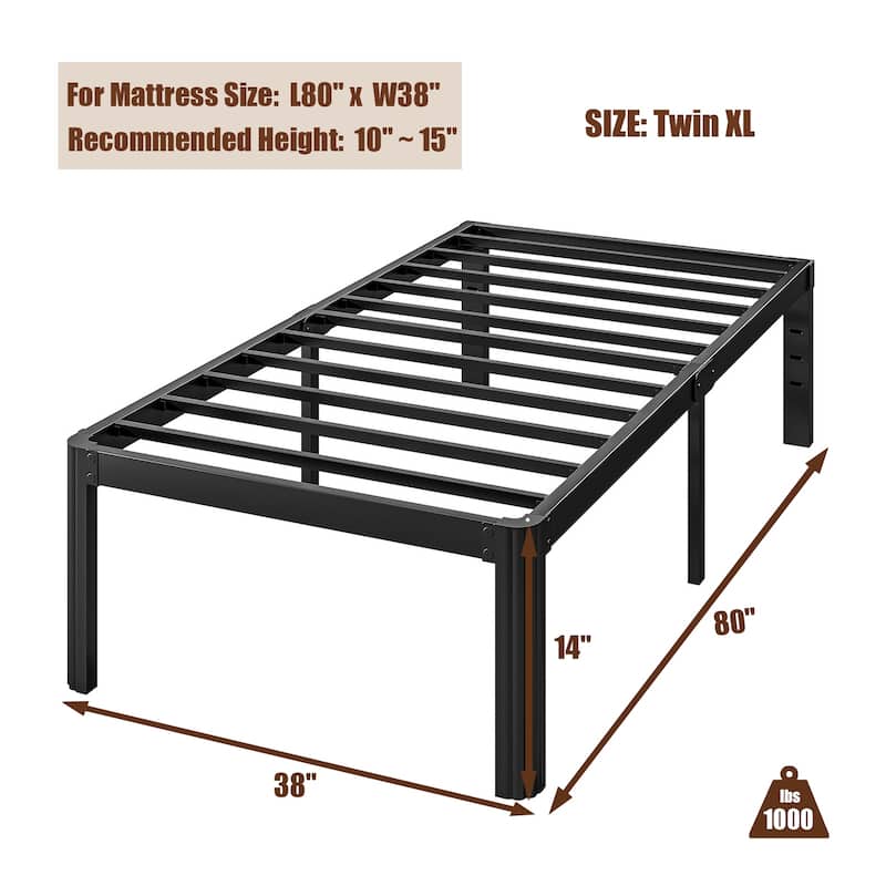 14" Heavy Duty Metal Bed Frame with Round Corners, Box Spring Not Required, Noise Free
