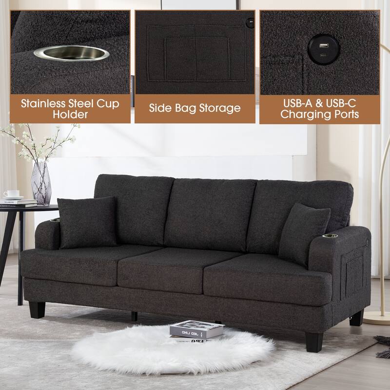 Modern Black Fabric USB Sofa with 2 Cup Holder and 2 Pillows