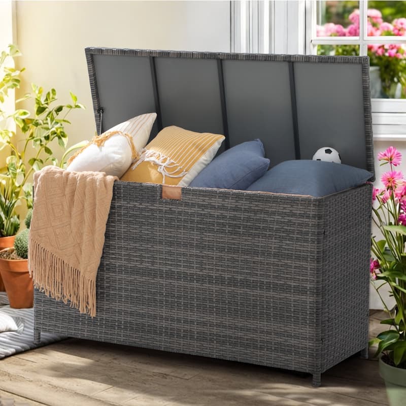 160 Gallon Outdoor Wicker Storage Box Resin Black Rattan Deck Bin for Patio Gardening Tools - 51.2*20*29Inch - gray