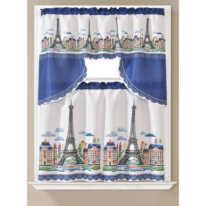 Carrie Paris 3D Kitchen Curtain Set, Navy, Swag Valance 60x36, Tiers 30x36 Inches - 60x36, Tiers 30x36 Inches - 60x36, Tiers 30x36 Inches