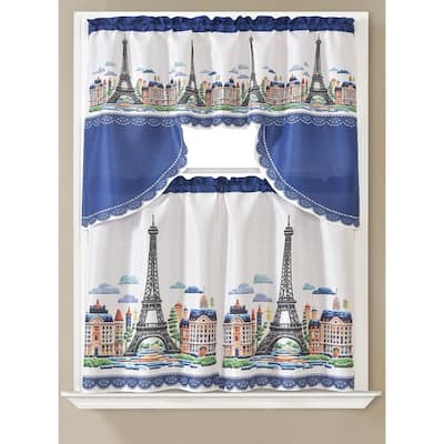 Carrie Paris 3D Kitchen Curtain Set, Navy, Swag Valance 60x36, Tiers 30x36 Inches - 60x36, Tiers 30x36 Inches