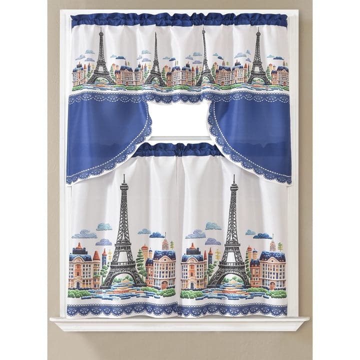Carrie Paris 3D Kitchen Curtain Set, Navy, Swag Valance 60x36, Tiers 30x36 Inches - 60x36, Tiers 30x36 Inches