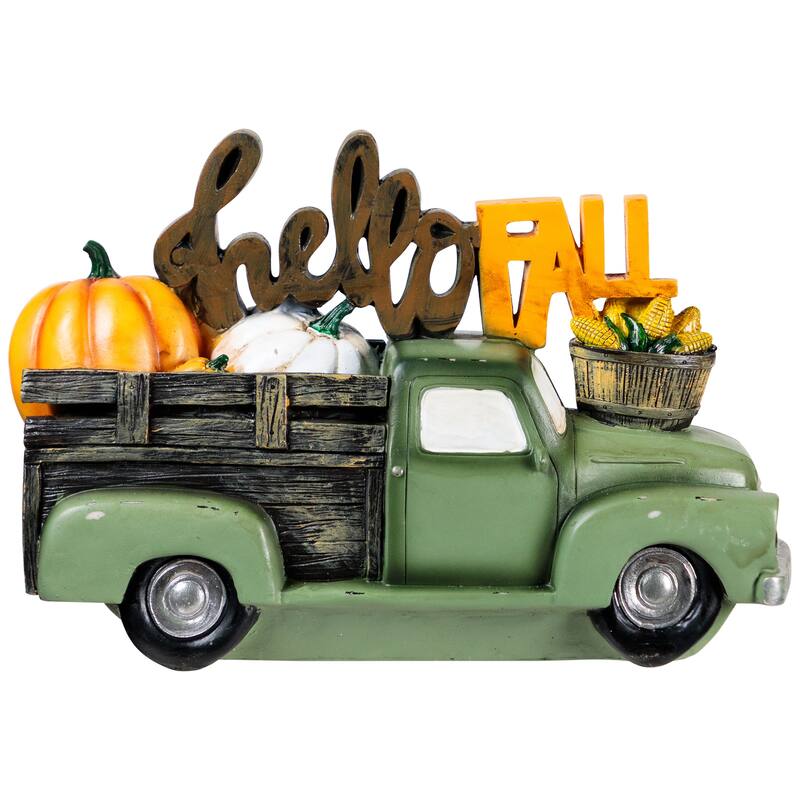 Hello Fall Vintage Style Truck Hauling Autumn Harvest Decoration - 11.25"