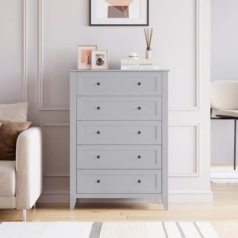 White 5 Chest of Drawer Dresser, Modern Tall Nightstand with Deep Drawers and Nickel Round Handle - Grey