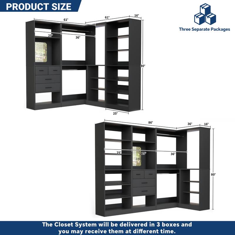 Cimly Set of 3 Corner Closet System with Drawers and Mirror, Multi-functional Closet Organizer with Shoe Racks