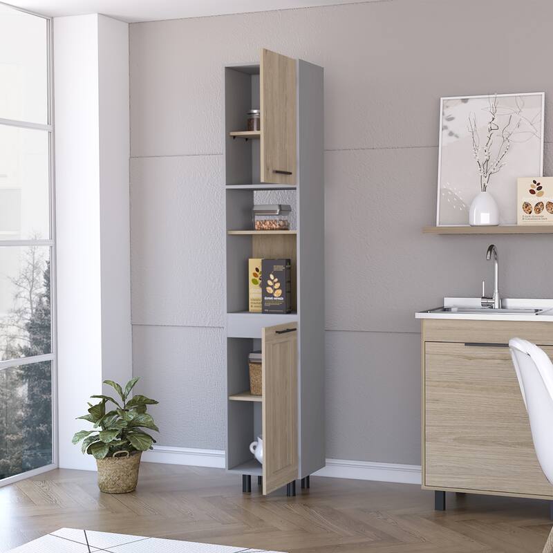 Devoux 2-Door 2-Shelf Kitchen Pantry Light Pine and Gray