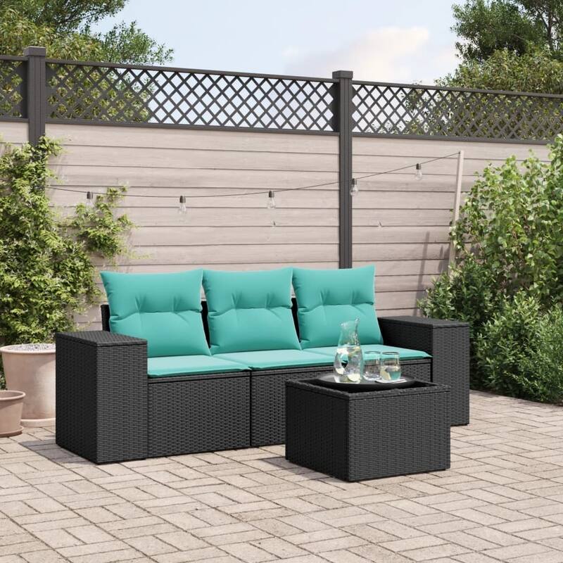 vidaXL 4 Piece Patio Sofa Set with Cushions Black Poly Rattan - 21.7 x 24.4 x 27.2