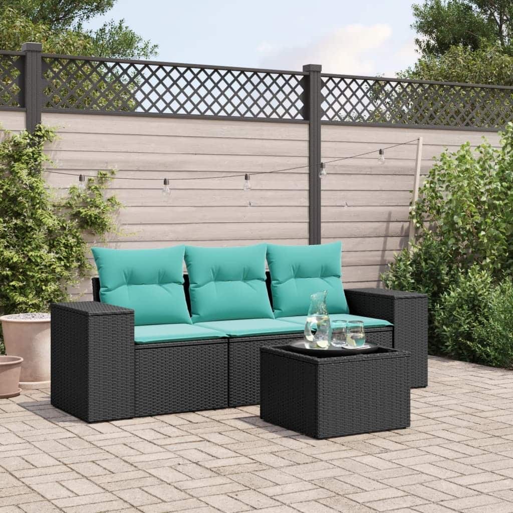 vidaXL 4 Piece Patio Sofa Set with Cushions Black Poly Rattan - 21.7 x 24.4 x 27.2