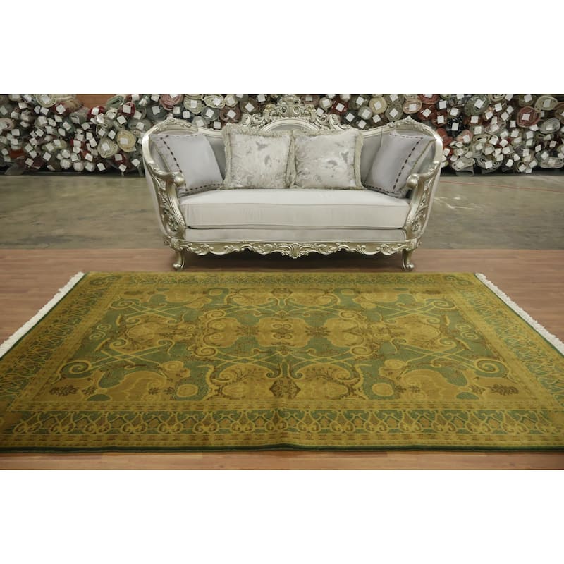 Hand Knotted Oriental 100% Wool Carpet Traditional All-Over Green Art Deco Area Rug - 8' 10'' X 5' 11''