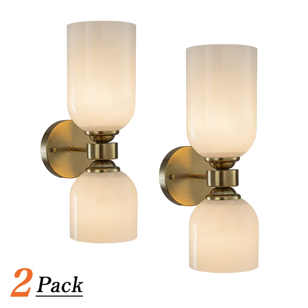 Vintage Brass 2-Light Wall Sconce with Milky Glass Shades Dimmable Vanity For Bathroom Or Hallway(2 Pack) - H16''