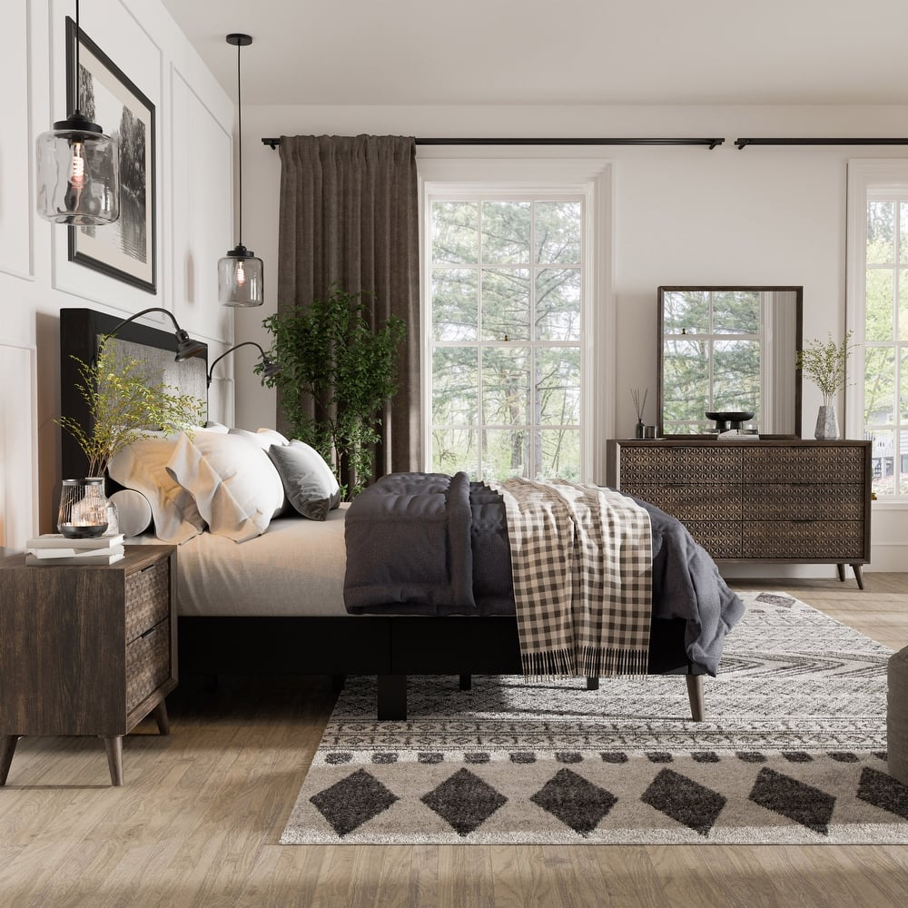 Furniture of America Orelo Modern 5-Piece Dark Brown Panel Bedroom Set with Reading Lights