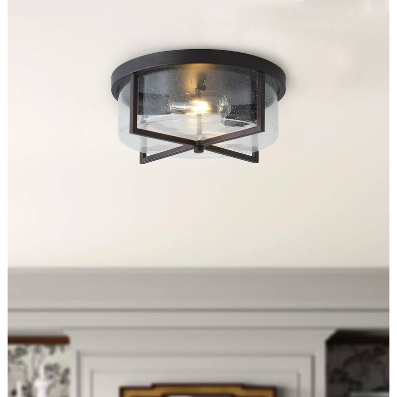 Vintage Oil Rubbed Bronze 2-Light Bubble Clear Glass Flush Mount Ceiling Lamp
