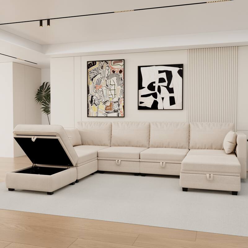 6-Seat U-Shaped Modular Reversible Sectional Sofa with Storage Ottoman