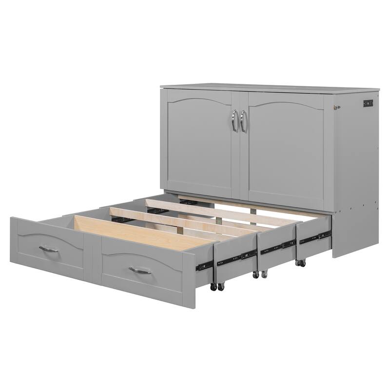 Space-Saving Full Size Murphy Bed with Drawers, USB Ports, and Pulley Design in Gray