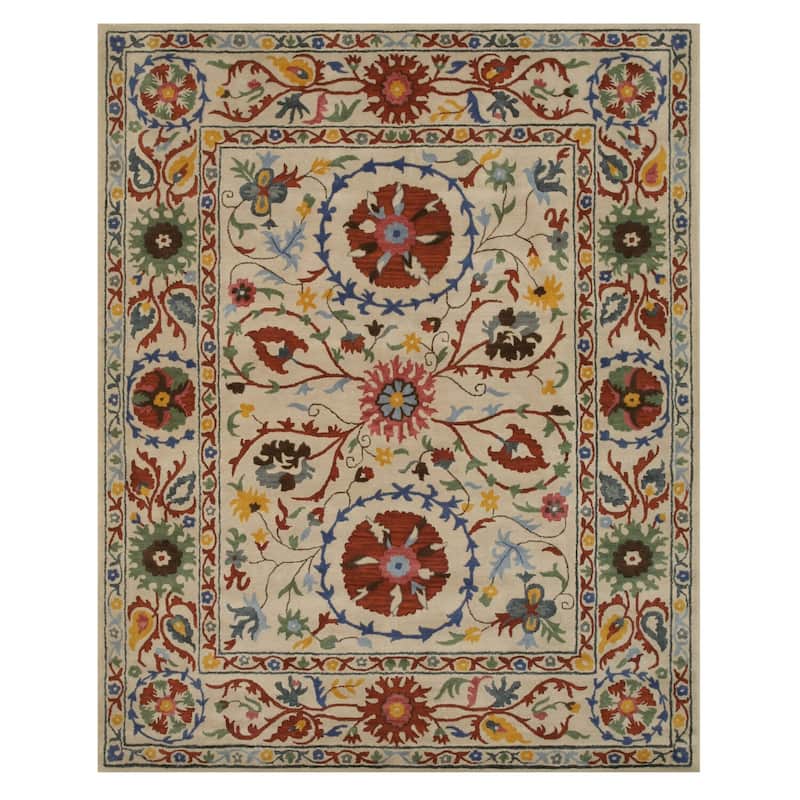 Ivory Hand-Tufted Wool Transitional Suzani Rug, 6' Round, Intricate Pattern with Rust, Blue, Green & Gold Details - N/A