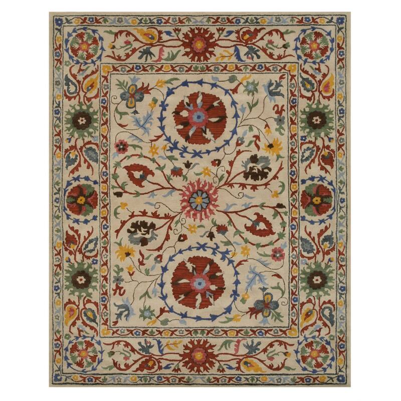 Ivory Hand-Tufted Wool Transitional Suzani Rug, 7'9 x 9'9, Detailed Pattern in Rust, Blue, Green & Gold - N/A