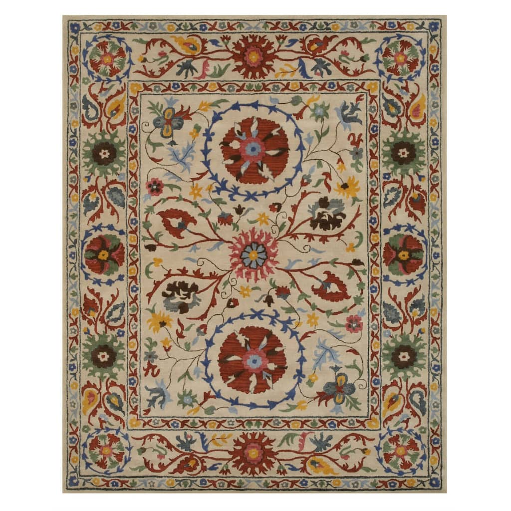 Ivory Hand-Tufted Wool Transitional Suzani Rug, 7'9 x 9'9, Detailed Pattern in Rust, Blue, Green & Gold - N/A