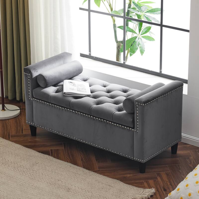 Storage Bench For Bedroom/Living Room,44.5-Inch Velvet Button Bench with Armrests