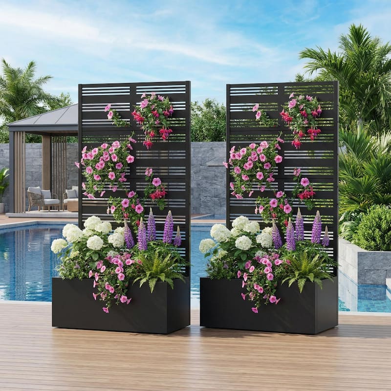 Metal Galvanized Planter Box with Trellis Privacy Screen Lockable Wheels Set of 2 - 59"x30"