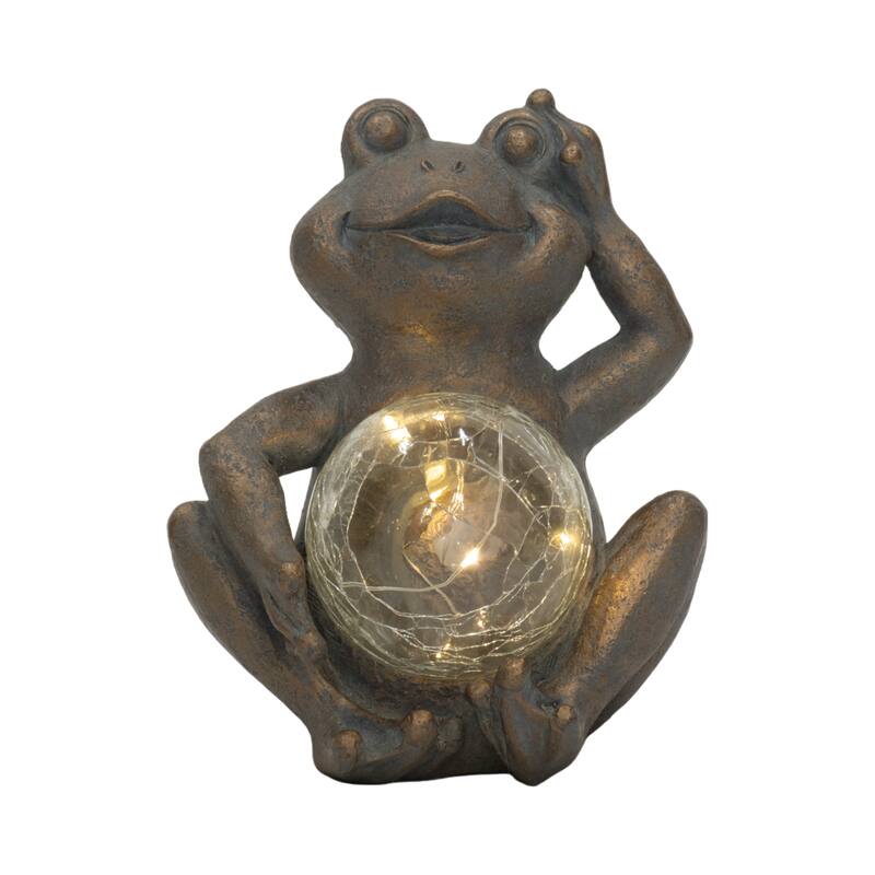 Sagebrook Home's 7-inch Polyresin Frog with Glowing Solar Orb in Antique Copper