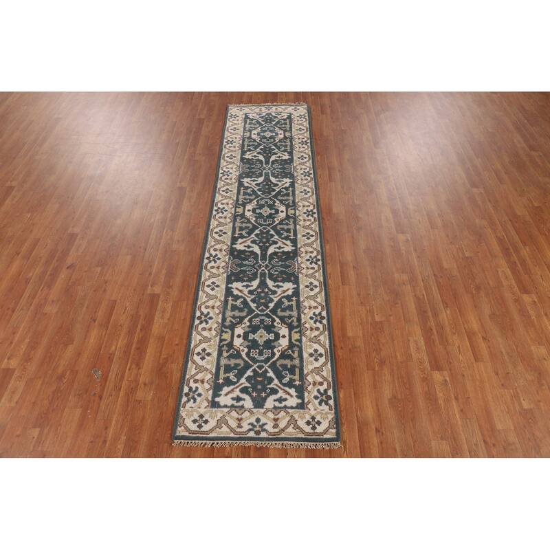 Green & Ivory Oushak Oriental Runner Rug Handmade Wool Carpet - 2'7"x 10'0"