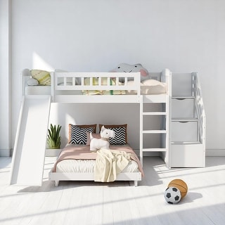Twin Over Twin Bunk Bed with Slide and Staircase Storage Drawers, Convertible Ladder, Guardrails, No Box Spring Needed