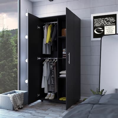 Rectangle 2-Doors Armoire w/Hanging Rods and Storage Shelves, Black