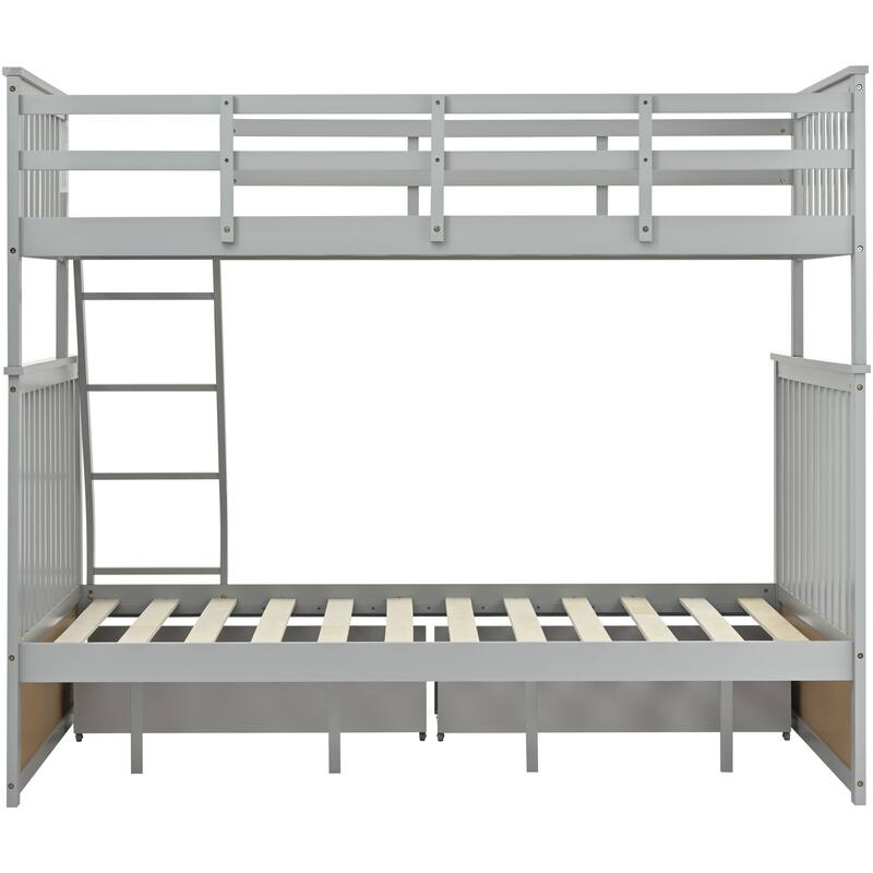 Twin Over Full Bunk Bed with Storage Drawers, Wooden Bunk Bed with Ladder and Safety Guard Rails -Gray