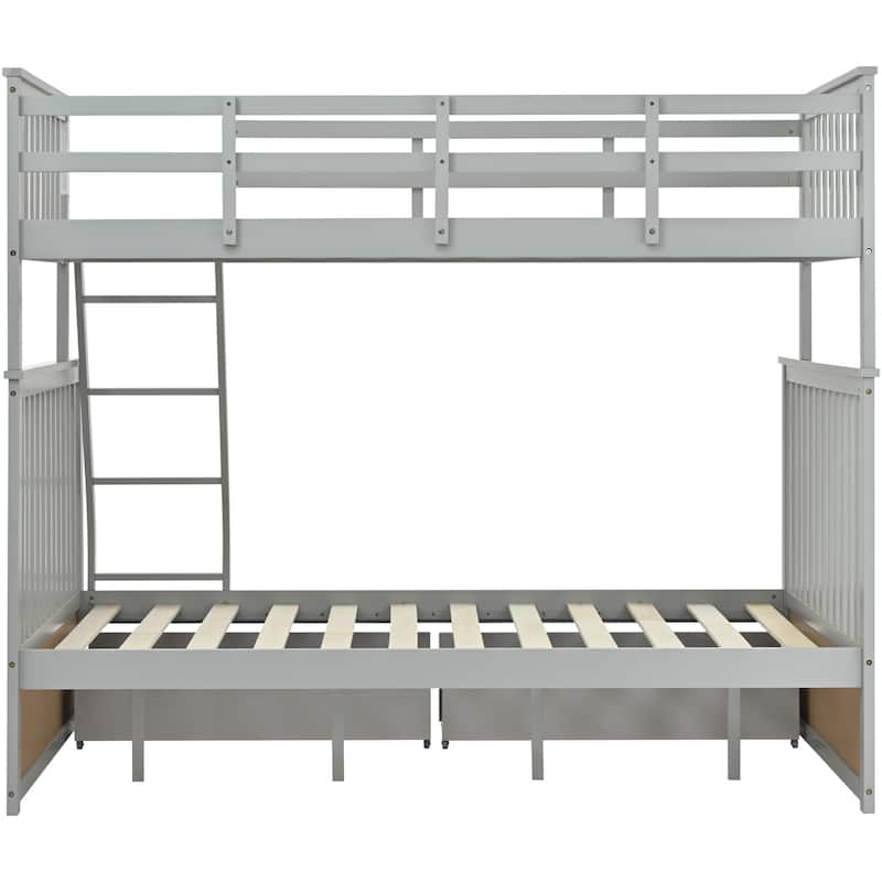 Twin Over Full Wooden Bunk Bed with Storage Drawers, Ladder, and Guardrails, Space-Saving for Kids' Rooms