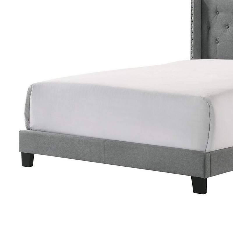 Lih Full Bed, Tufted Headboard, Wood Frame, Fabric, Black Legs, Gray