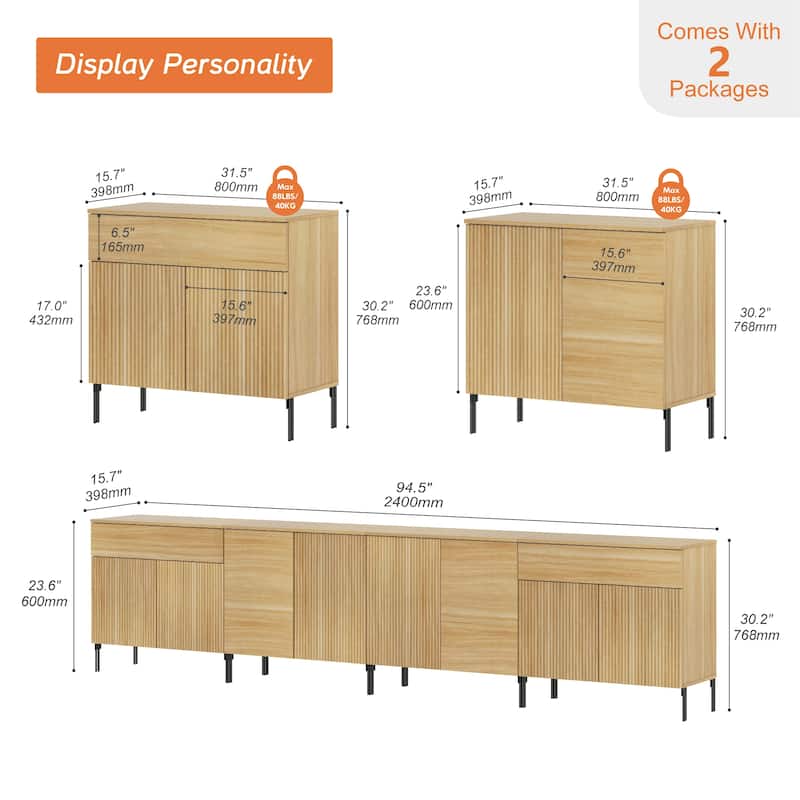 126" Modern Reeded 8-Door Sideboard With Drawers, 4-In-1 Wooden Credenza