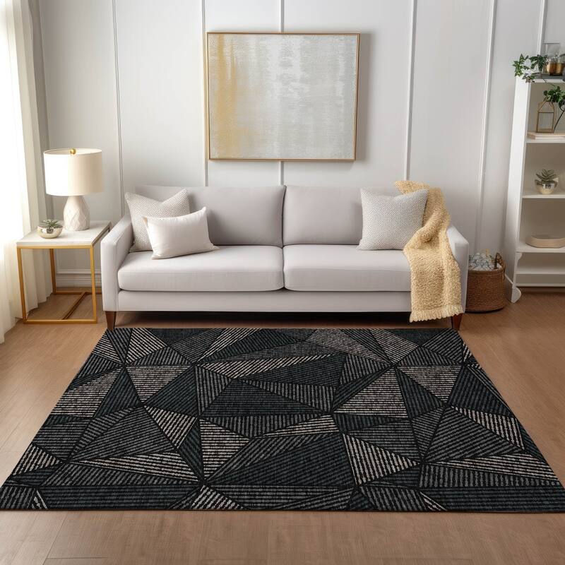 Machine Washable Indoor/ Outdoor Chantille Geometric Mosaic Rug - Black - 9' x 12'