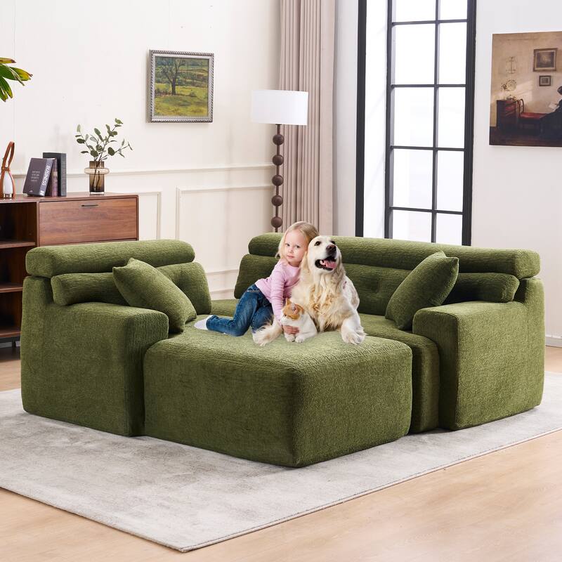 Full Compression Chenille Convertible L-Shape Chesterfield-Inspired Design Sofa Chaise