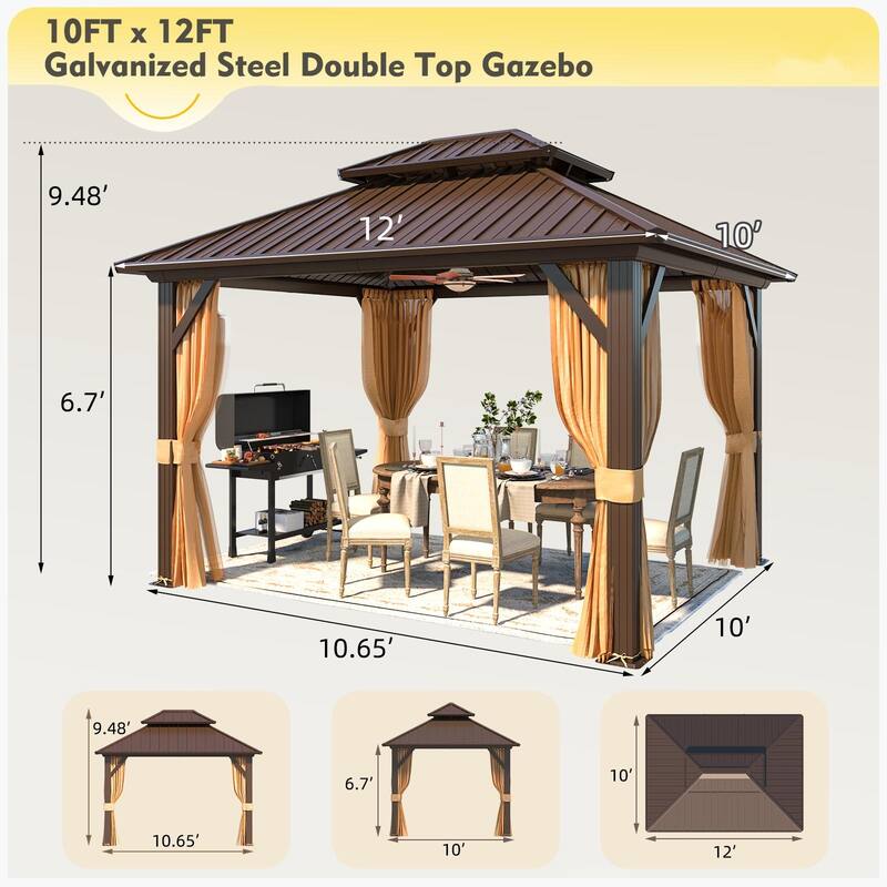 Erommy Hardtop Gazebo with Galvanized Steel Double Roof & Aluminum Frame, Outdoor Gazebo with Curtains and Nettings