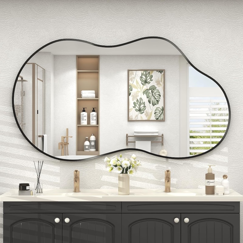 Asymmetrical Cloud High-Strength Aluminum Alloy Framed Easy French Mounted Wall Mirror - 49" x 27" - Black