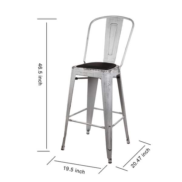 dimension image slide 3 of 4, High Back Metal Barstool with Black/Brown Leather Cushion-Set of 4